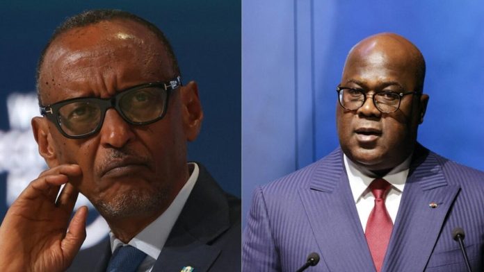 Le président rwandais, Paul Kagame, à gauche, lors d'un forum à Riyad, en Arabie saoudite, le 28 avril 2024 ; le président de la République démocratique du Congo, Félix Tshisekedi, à droite, à Paris, le 29 avril 2024. © Fayez Nureldine, Ludovic Marin, AFP