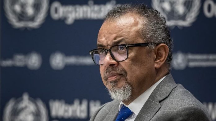 Le directeur général de l'Organisation mondiale de la santé, Tedros Adhanom Ghebreyesus, le 10 décembre 2024 à Genève (Suisse). (FABRICE COFFRINI / AFP)